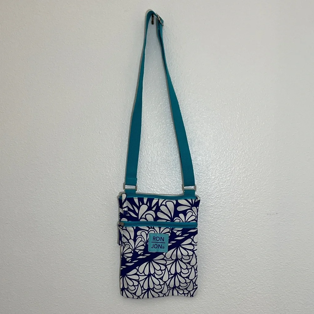 Ron Jon Blue White Floral Crossbody Zipper Bag